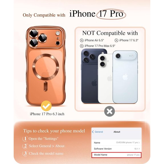 LYUSCI-for iPhone 17 Pro Case Compatible with MagSafe, Upgraded [Full Camera Protection][Cute Wave Frame][Military Grade Protection] Electroplated Hard Phone Cover for Women Girl, Clear/Orange