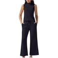 thumbnail image 1 of LYXSSBYX 2 Piece Outfit for Women Fall Women Solid Color Sleeveless Round Neck Top+Long Pants Set with Pockets SlimCasual Two-piece Set Of Short Sleeved Round Neck Top Set, 1 of 7