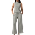 thumbnail image 1 of LYXSSBYX 2 Piece Outfit for Women Fall Women Solid Color Sleeveless Round Neck Top+Long Pants Set with Pockets SlimCasual Two-piece Set Of Short Sleeved Round Neck Top Set, 1 of 7