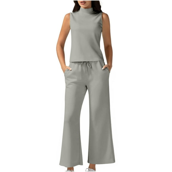 LYXSSBYX 2 Piece Outfit for Women Fall Women Solid Color Sleeveless Round Neck Top+Long Pants Set with Pockets SlimCasual Two-piece Set Of Short Sleeved Round Neck Top Set