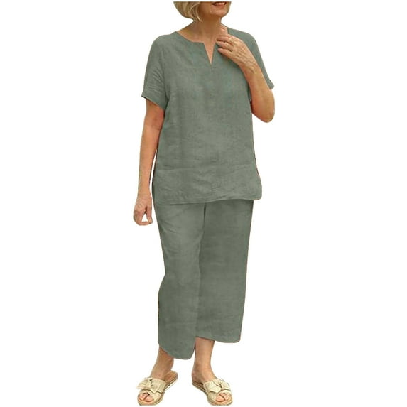 LYXSSBYX 2 Piece Outfit for Women Women's Summer Loose 2 Piece Lounge Matching Sets Solid Outfits V-Neck Short Sleeve Tops and Long Pants Tracksuits Suit