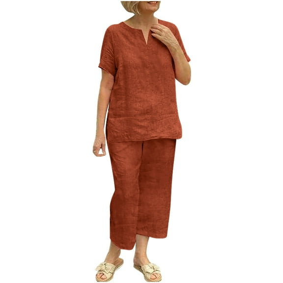 LYXSSBYX 2 Piece Outfit for Women Women's Summer Loose 2 Piece Lounge Matching Sets Solid Outfits V-Neck Short Sleeve Tops and Long Pants Tracksuits Suit