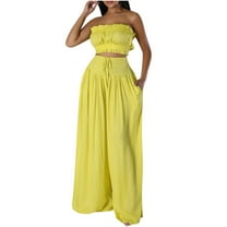 LYXSSBYX 2 Piece Outfit for Women Fall Women'S Solid Color Long Sleeveless Strapless Lace-Up High Waist Pleated Pants Casual Suit