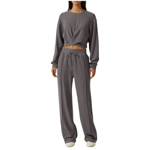 LYXSSBYX 2 Piece Outfit for Women Fall Women's Casual Two-Piece Fashion Tops Loose Wide Leg Pants Sports Sets Long Sleeve Crewneck Suits