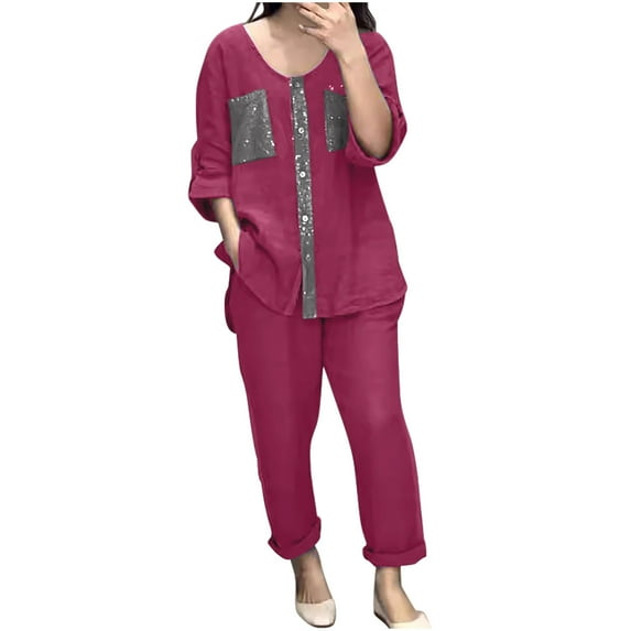 LYXSSBYX 2 Piece Outfit for Women Fall Women's Casual and Fashionable Solid Color Double Pocket Button Up Five Quarter Sleeve Top and Pants Set
