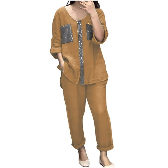 LYXSSBYX 2 Piece Outfit for Women Fall Women's Casual and Fashionable Solid Color Double Pocket Button Up Five Quarter Sleeve Top and Pants Set