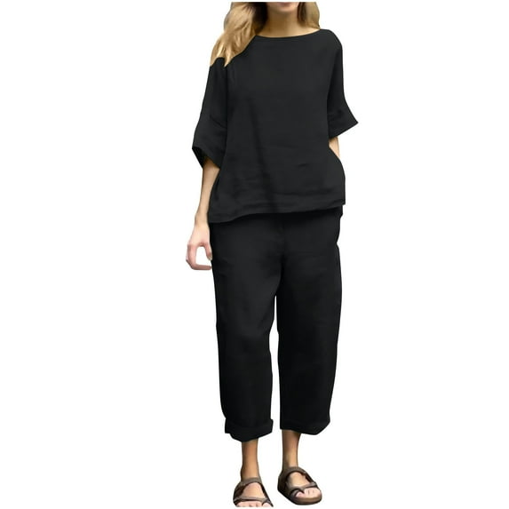 LYXSSBYX 2 Piece Outfit for Women Fall Women's Casual and Fashionable Solid Color Round Neck Five Quarter Sleeve Top Wide Leg Long Pants Set