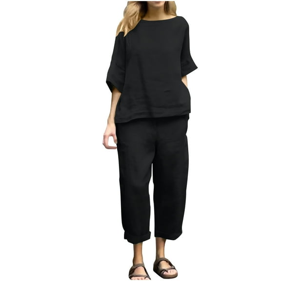 LYXSSBYX 2 Piece Outfit for Women Fall Women's Casual and Fashionable Solid Color Round Neck Five Quarter Sleeve Top Wide Leg Long Pants Set