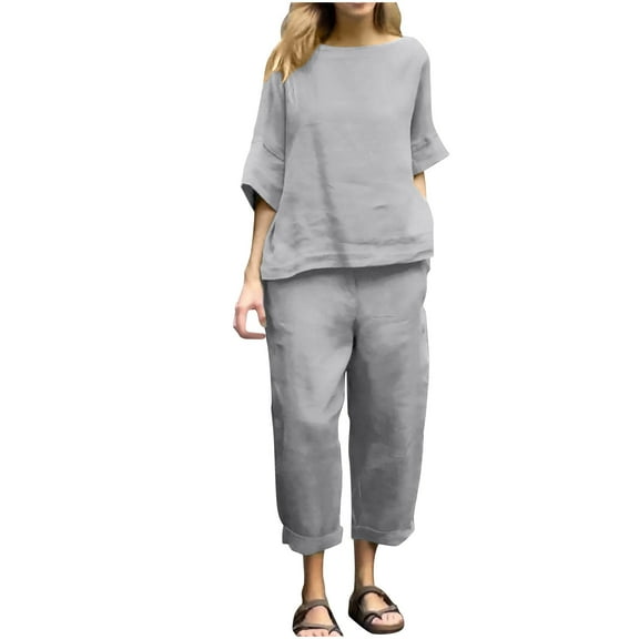 LYXSSBYX 2 Piece Outfit for Women Fall Women's Casual and Fashionable Solid Color Round Neck Five Quarter Sleeve Top Wide Leg Long Pants Set