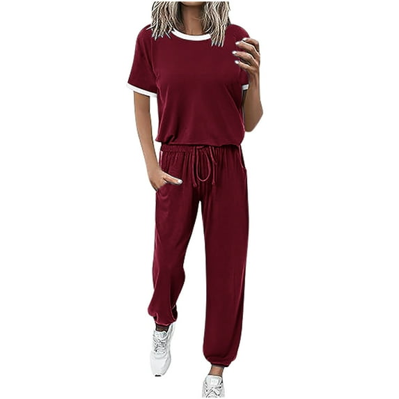 LYXSSBYX 2 Piece Outfit for Women Fall Women's Fashion Casual Solid Color Round Neck Short Sleeved Long Pants Two-piece Set