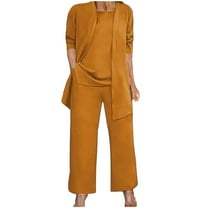 LYXSSBYX 2 Piece Outfit for Women Fall Women's Solid Color Slit Round Neck Sleeveless Top Long Sleeve Cardigan Jacket Wide Leg Pants Suit