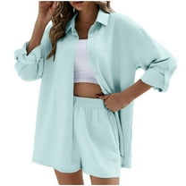 LYXSSBYX 2 Piece Outfit for Women Fall Women's Solid Turndown Collar Long Sleeve Shirt Blouse Shorts Pants Set