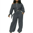 thumbnail image 1 of LYXSSBYX 2 Piece Outfit for Women Women's Solid Color Round Neck Off Shoulder Pullover with Tie and Tie Casual Wide Leg Pants Casual Set, 1 of 5