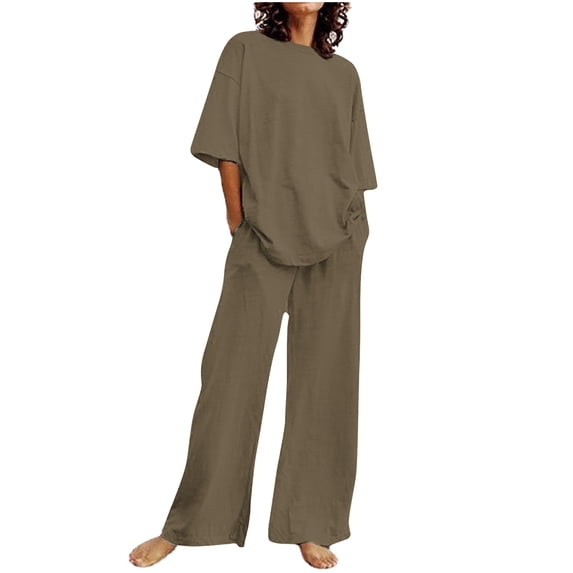 LYXSSBYX 2 Piece Sets for Women Summer Summer Women's Casual Shoulder Sleeved Short Sleeved Round Neck Top/Loose Straight Tube with Pocket Long Pants Set