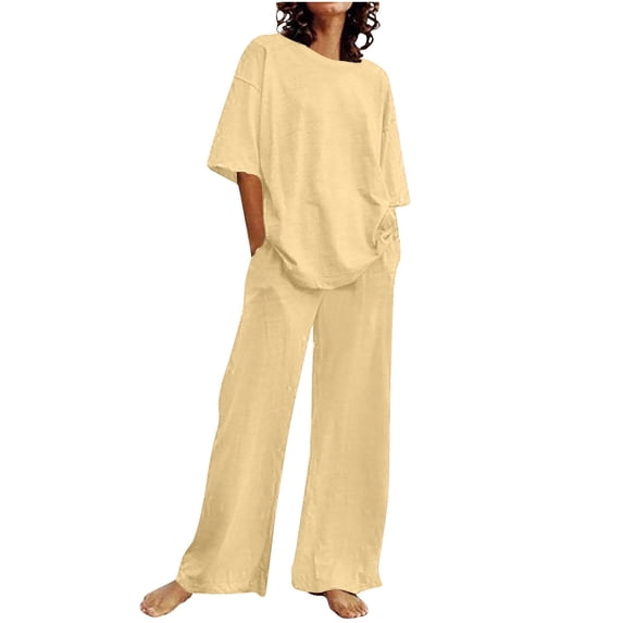 LYXSSBYX 2 Piece Sets for Women Summer Summer Women's Casual Shoulder Sleeved Short Sleeved Round Neck Top/Loose Straight Tube with Pocket Long Pants Set