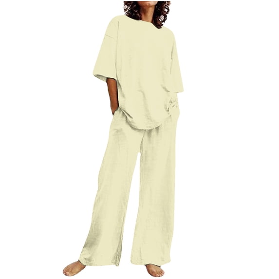 LYXSSBYX 2 Piece Sets for Women Summer Summer Women's Casual Shoulder Sleeved Short Sleeved Round Neck Top/Loose Straight Tube with Pocket Long Pants Set