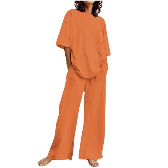 LYXSSBYX 2 Piece Sets for Women Summer Summer Women's Casual Shoulder Sleeved Short Sleeved Round Neck Top/Loose Straight Tube with Pocket Long Pants Set
