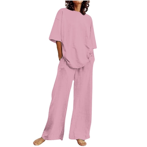 LYXSSBYX 2 Piece Sets for Women Summer Summer Women's Casual Shoulder Sleeved Short Sleeved Round Neck Top/Loose Straight Tube with Pocket Long Pants Set