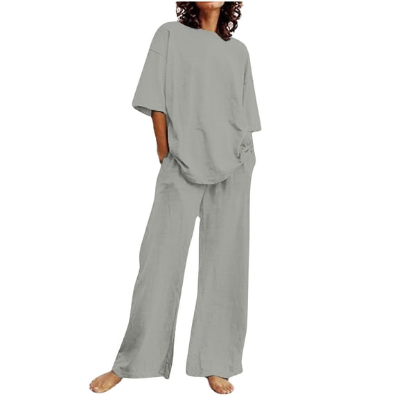 LYXSSBYX 2 Piece Sets for Women Summer Summer Women's Casual Shoulder Sleeved Short Sleeved Round Neck Top/Loose Straight Tube with Pocket Long Pants Set