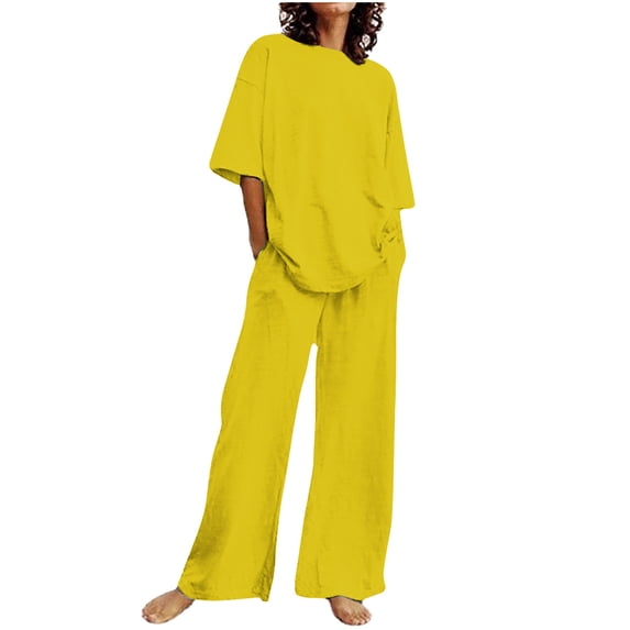 LYXSSBYX 2 Piece Sets for Women Summer Summer Women's Casual Shoulder Sleeved Short Sleeved Round Neck Top/Loose Straight Tube with Pocket Long Pants Set