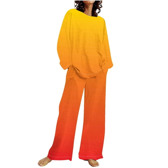 LYXSSBYX 2 Piece Sets for Women Summer Summer Women's Casual Shoulder Sleeved Long Sleeved Round Neck Top/Loose Straight Tube with Pocket Long Pants Set