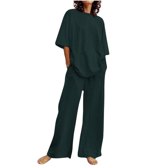 LYXSSBYX 2 Piece Sets for Women Summer Summer Women's Casual Shoulder Sleeved Short Sleeved Round Neck Top/Loose Straight Tube with Pocket Long Pants Set