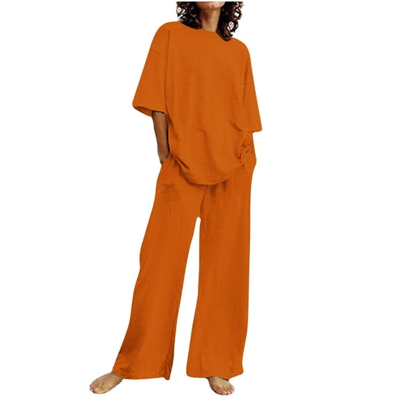 LYXSSBYX 2 Piece Sets for Women Summer Summer Women's Casual Shoulder Sleeved Short Sleeved Round Neck Top/Loose Straight Tube with Pocket Long Pants Set