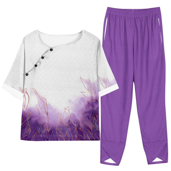 LYXSSBYX 2 Piece Sets for Women Summer Women Fashion Print Casual Loose Fitting Round Neck Short Sleeve Top Pants Two-piece Set