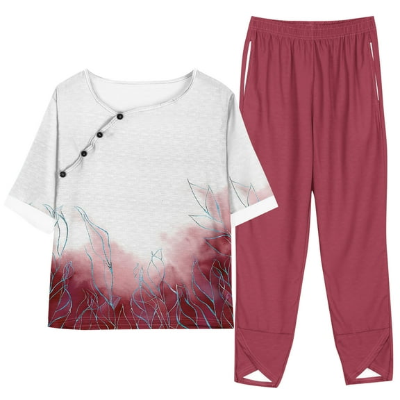LYXSSBYX 2 Piece Sets for Women Summer Women Fashion Print Casual Loose Fitting Round Neck Short Sleeve Top Pants Two-piece Set