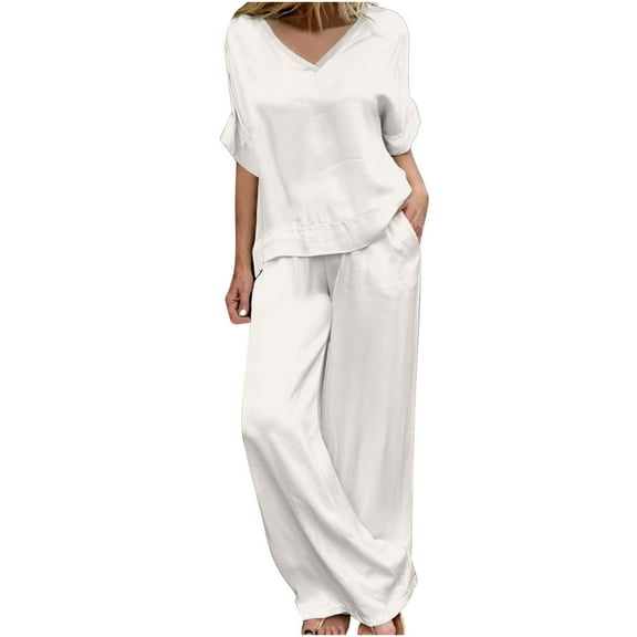 LYXSSBYX 2 Piece Sets for Women Summer Women'S Spring/Summer Satin Solid Color V-Neck Casual Suit with Irregular Hem