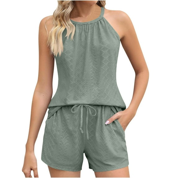 LYXSSBYX 2 Piece Sets for Women Summer Women Summer 2 Piece Sets Casual Shorts Outfits Hanging Neck Collar Sleeveless Clothes Vacation Beachwear
