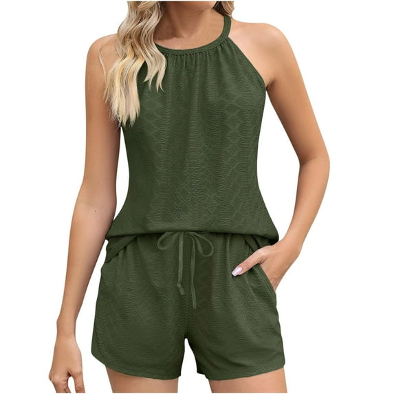 LYXSSBYX 2 Piece Sets for Women Summer Women Summer 2 Piece Sets Casual Shorts Outfits Hanging Neck Collar Sleeveless Clothes Vacation Beachwear