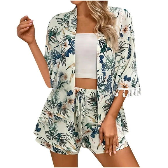 LYXSSBYX 2 Piece Sets for Women Summer Women's Casual Comfort Printed Fringe Beach Sun Protection Smock Short Two-Piece Set