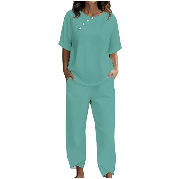 LYXSSBYX 2 Piece Sets for Women Summer Women's Casual Short Sleeve Half Sleeve Round Neck Cropped Top + Casual Pants Suit Set Two Piece Set