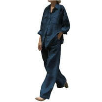 LYXSSBYX 2 Piece Sets for Women Summer Women's Spring and Summer V-neck Loose Lapel Long Sleeved Shirt Wide Leg Pants Color Set