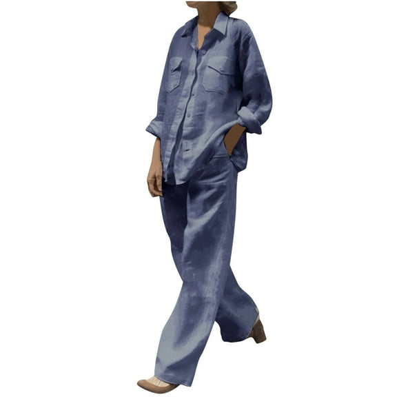 LYXSSBYX 2 Piece Sets for Women Summer Women's Spring and Summer V-neck Loose Lapel Long Sleeved Shirt Wide Leg Pants Color Set