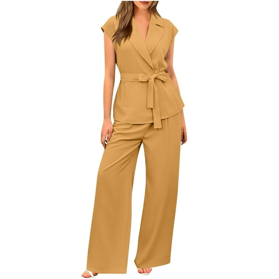 LYXSSBYX 2 Piece Sets for Women Summer Women's Summer 2 Piece Outfits Cap Sleeve V Neck Lapel Blazer Wide Leg Pant Sets Office Work Clothes