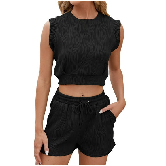 LYXSSBYX 2 Piece Sets for Women Summer Women's Summer Solid Lace V-neck Bubble Short Sleeve Solid T-shirt Top