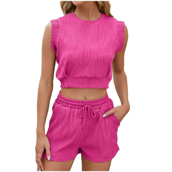 LYXSSBYX 2 Piece Sets for Women Summer Women's Summer Solid Lace V-neck Bubble Short Sleeve Solid T-shirt Top