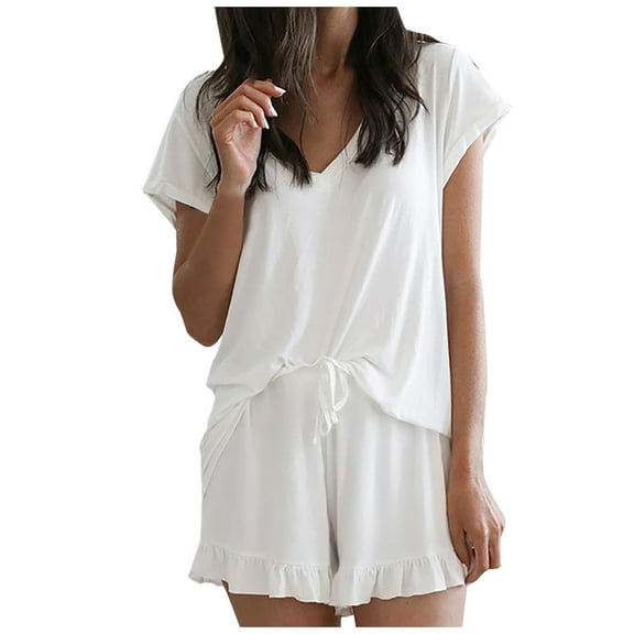 LYXSSBYX 2pc Pajama Set Women Fashion Women Casual Solid Short Sleeve V-Neck Tops Nightwear Shorts Sleepwear Sets