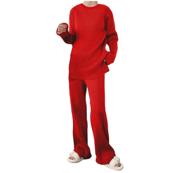 LYXSSBYX 2pc Pajama Set Women Women Casual Knitted Set Round Neck Long Sleeve Tops Pants Solid Color Two Piece Set