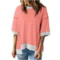 thumbnail image 1 of LYXSSBYX 3/4 Length Sleeve Womens Tops Womens Tops Casual Crewneck Middle Sleeve Striped Color Block Hem Trendy Pullover Shoulder Drop T Shirts Blouse, 1 of 6