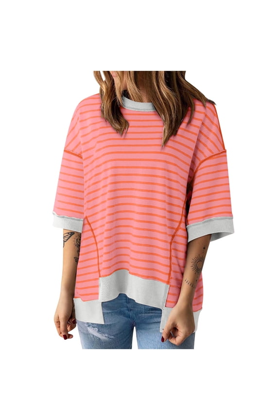 3/4 Length Sleeve Womens Tops Womens Tops Casual Crewneck Middle Sleeve Striped Color Block Hem Trendy Pullover Shoulder Drop T Shirts Blouse