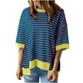 thumbnail image 1 of LYXSSBYX 3/4 Length Sleeve Womens Tops Womens Tops Casual Crewneck Middle Sleeve Striped Color Block Hem Trendy Pullover Shoulder Drop T Shirts Blouse, 1 of 6