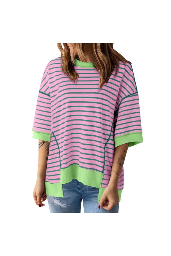 3/4 Length Sleeve Womens Tops Womens Tops Casual Crewneck Middle Sleeve Striped Color Block Hem Trendy Pullover Shoulder Drop T Shirts Blouse