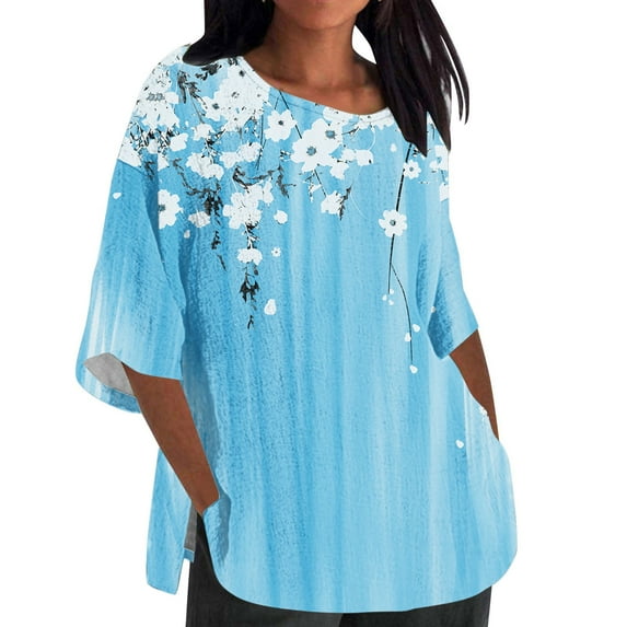 LYXSSBYX 3/4 Length Sleeve Womens Tops Plus Size Women's Ladies Fashion Casual Cropped 3/4 Sleeve Printing Cotton Loose Shirt Blouse Top