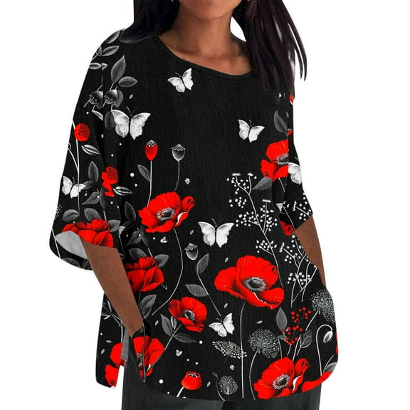 LYXSSBYX 3/4 Length Sleeve Womens Tops Plus Size Women's Ladies Fashion Casual Cropped 3/4 Sleeve Printing Cotton Loose Shirt Blouse Top