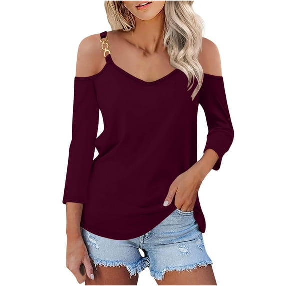 LYXSSBYX 3/4 Length Sleeve Womens Tops Women Solid 3/4 Sleeve V-Neck Pullover Strapless Tops Shirts Blouse
