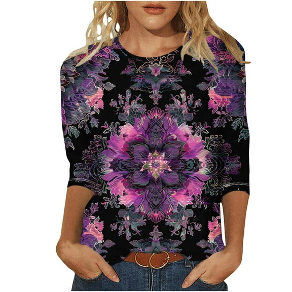 LYXSSBYX 3/4 Length Sleeve Womens Tops Women's Fashion Casual Color Block Printing Round Neck 3/4 Sleeve T-shirt Top Blouse