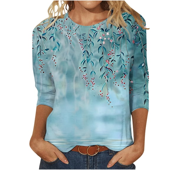 LYXSSBYX 3/4 Length Sleeve Womens Tops Women's Fashion Casual Crewneck 3/4 Sleeve T-Shirts Floral Print Basic Tops Tees Blouses